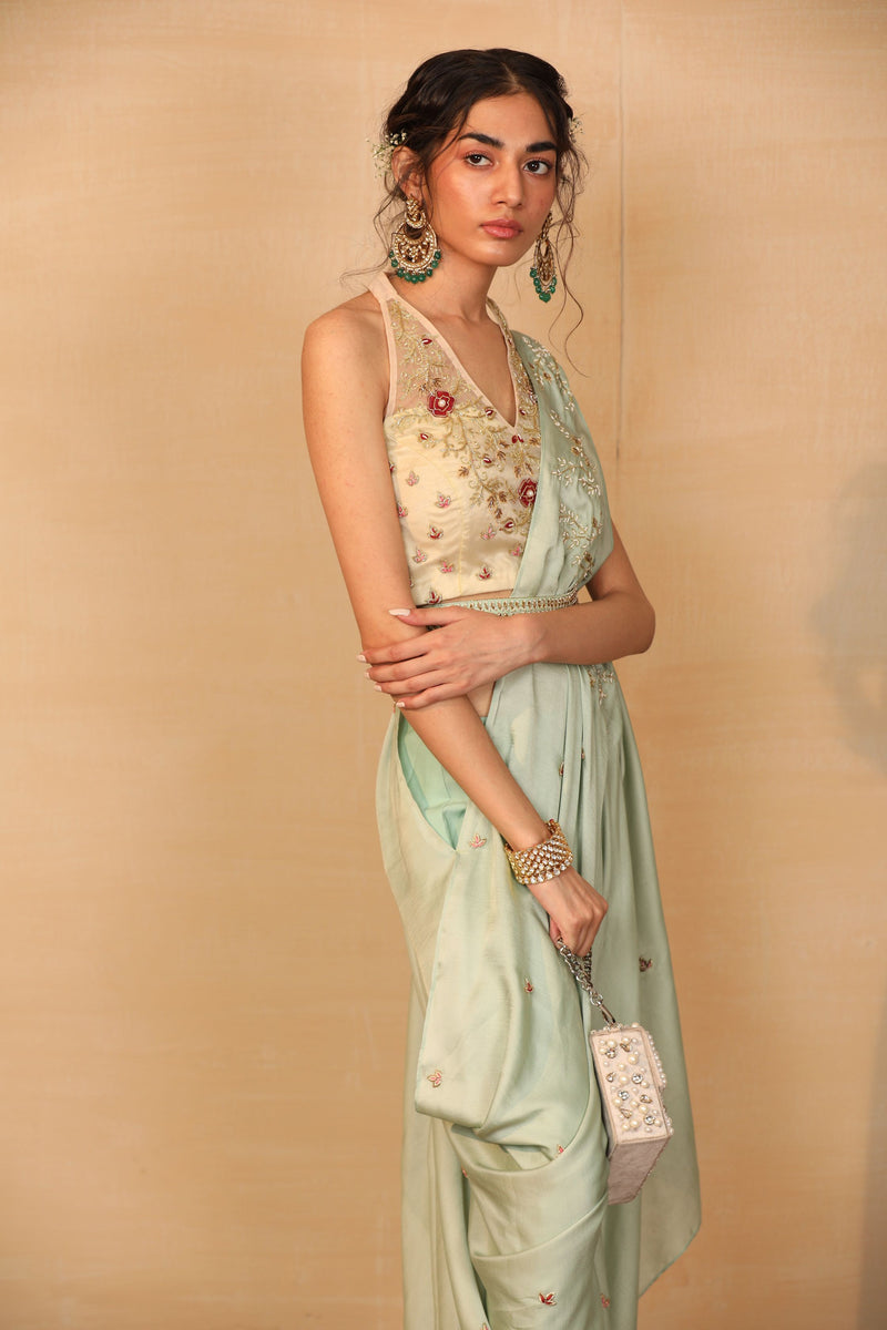 Ares Mint Drape Saree With Organza Blouse