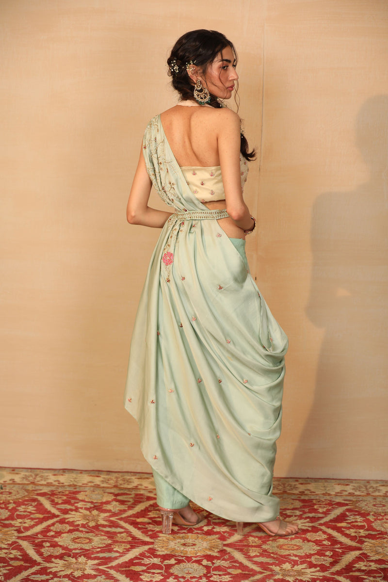 Ares Mint Drape Saree With Organza Blouse