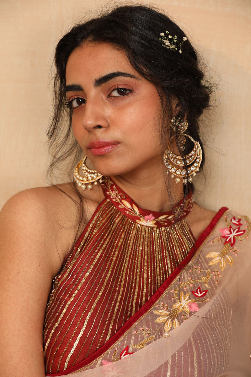 Ruhi Peach Saree With Maroon Halter Blouse