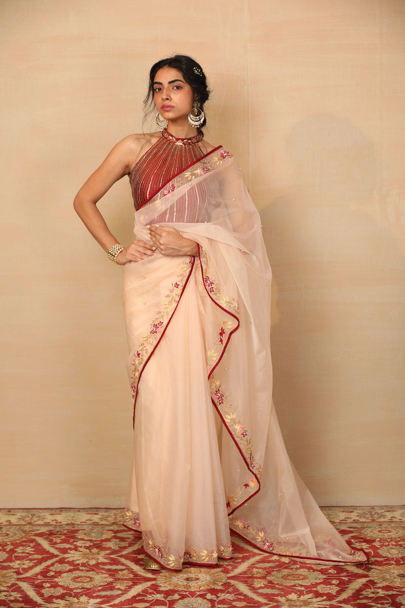 Ruhi Peach Saree With Maroon Halter Blouse