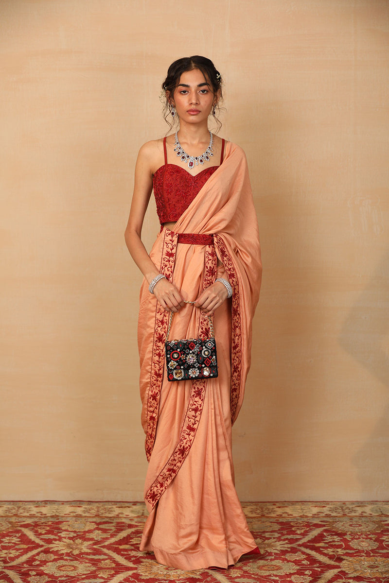 Gaba Peach Saree With Belted Blouse