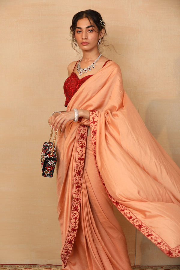 Gaba Peach Saree With Belted Blouse