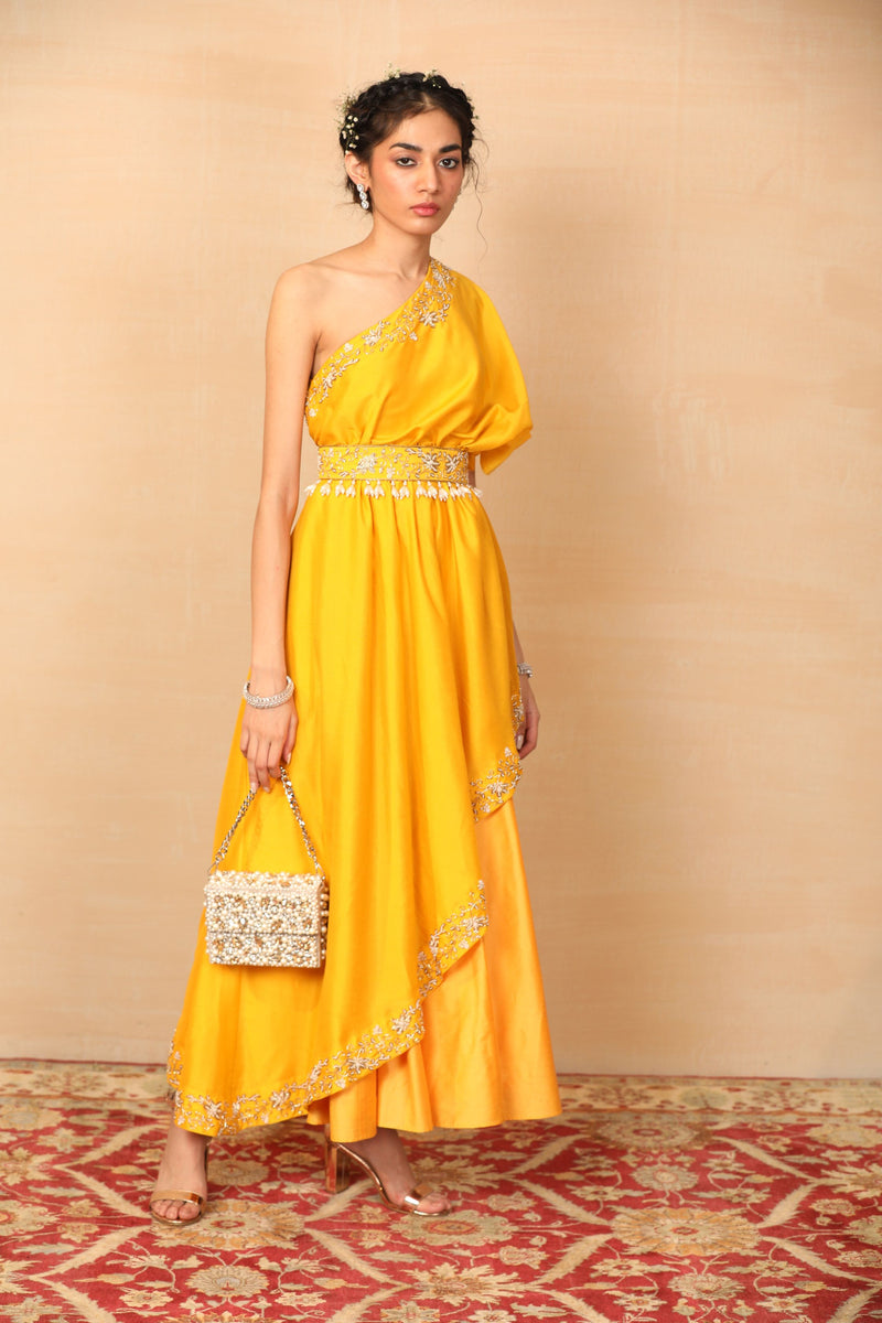 Amber Mustard One Shoulder Gown