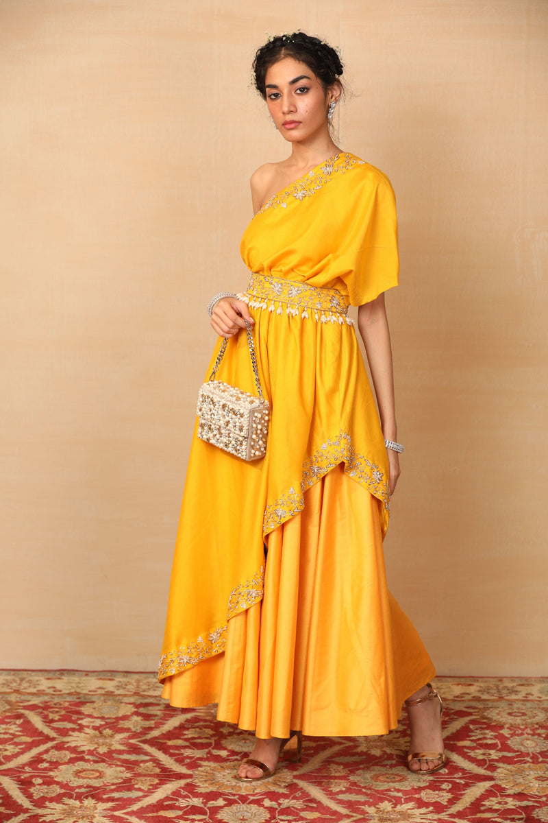Amber Mustard One Shoulder Gown