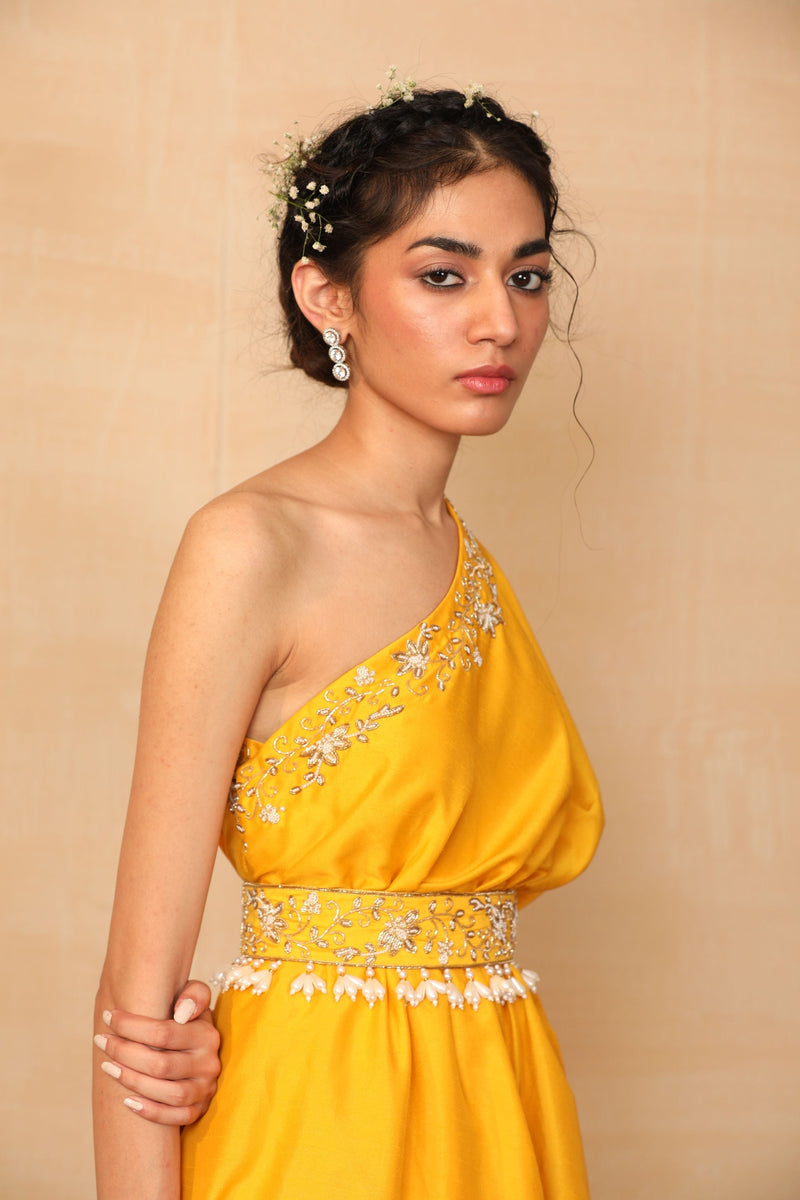 Amber Mustard One Shoulder Gown