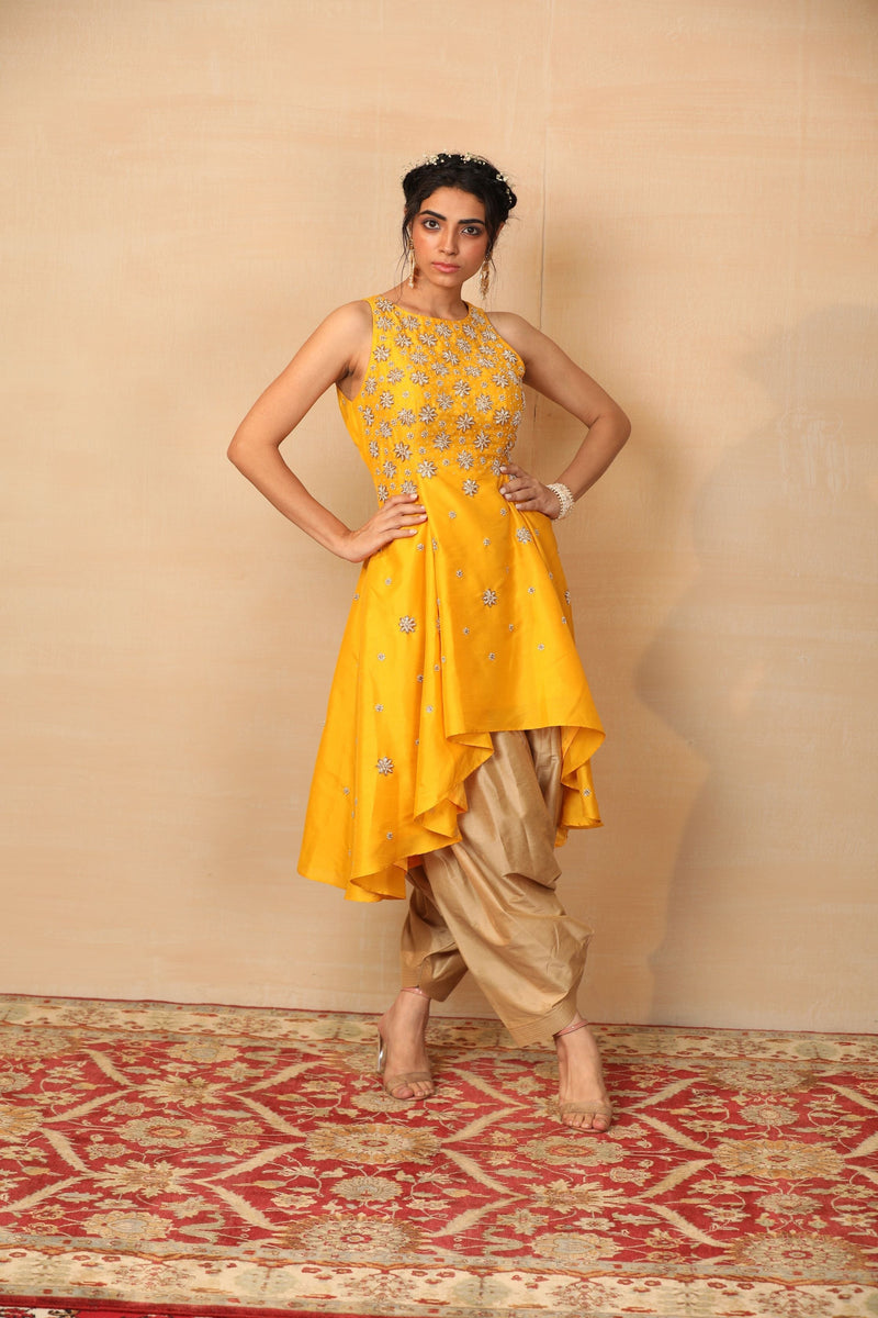 Mellow Mustard High Low Kurta With Afghani Pants