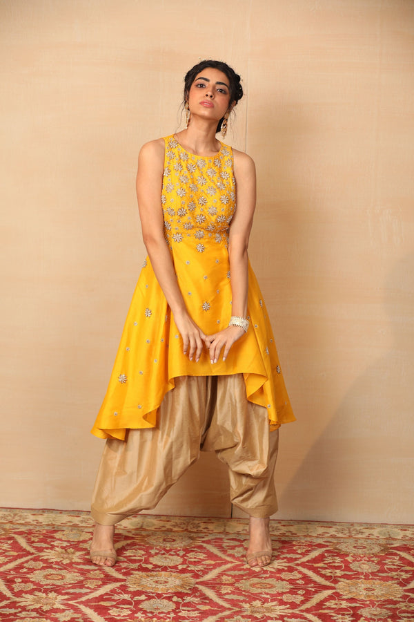 Mellow Mustard High Low Kurta With Afghani Pants