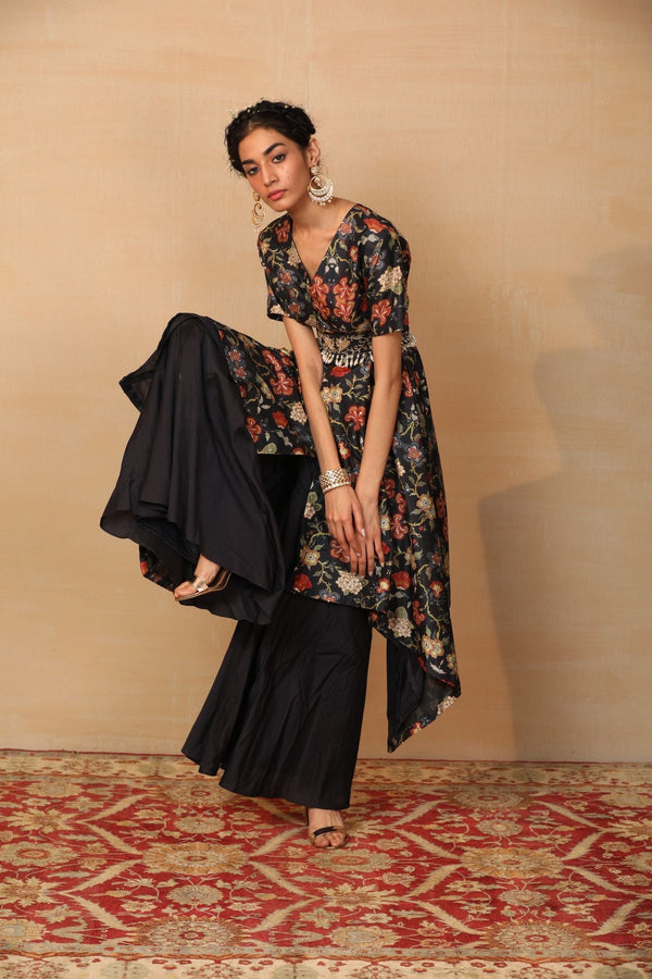 Nitara Navy Printed Square Cut Jacket With Sharara Pants