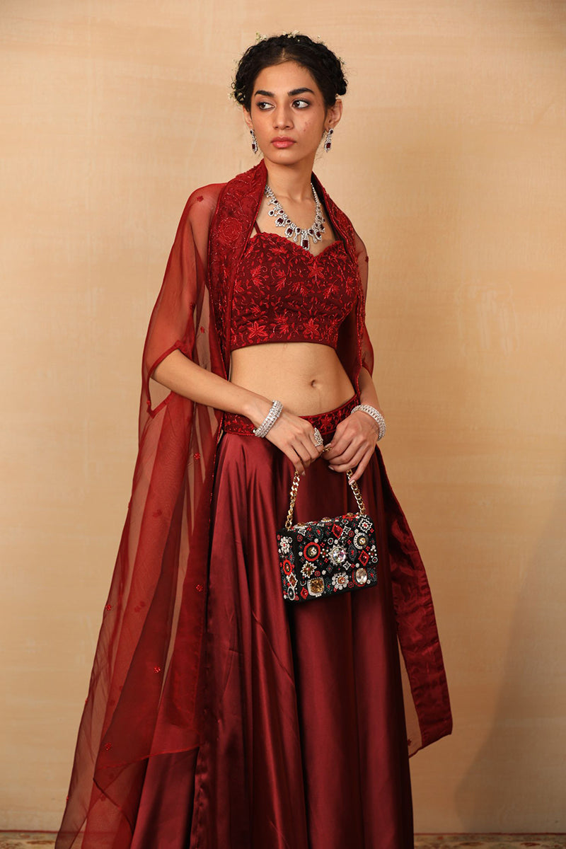 Alvira Maroon Lehenga With Cape