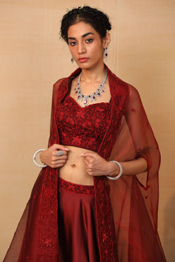 Alvira Maroon Lehenga With Cape