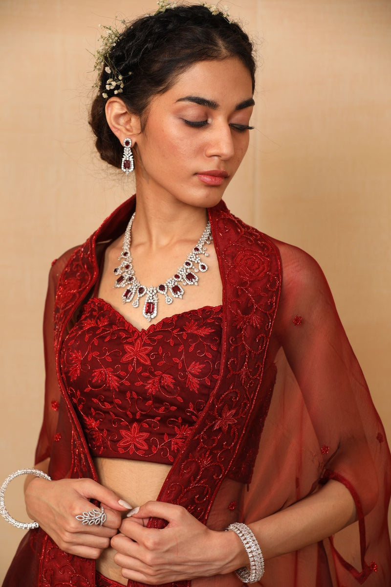 Alvira Maroon Lehenga With Cape