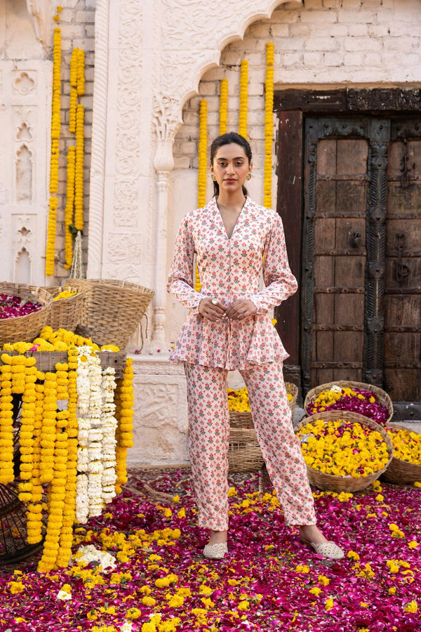 Light Peach Printed Peplum Jacket Set With Embroidered Cuffs