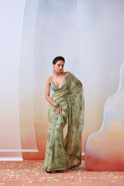 Sage Green Printed Embroidered Saree Set