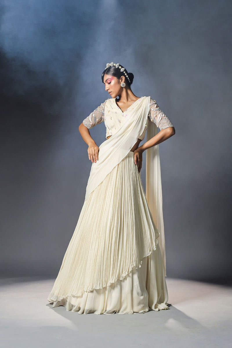 Shell white pre-stitched drape saree set – Estie Couture