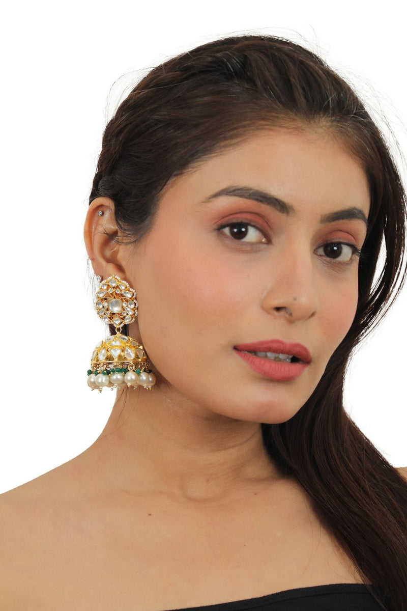 GREEN HANGINGS WITH WHITE PEARL JHUMKI
