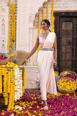 Light peach embroidered blouse with pant saree..