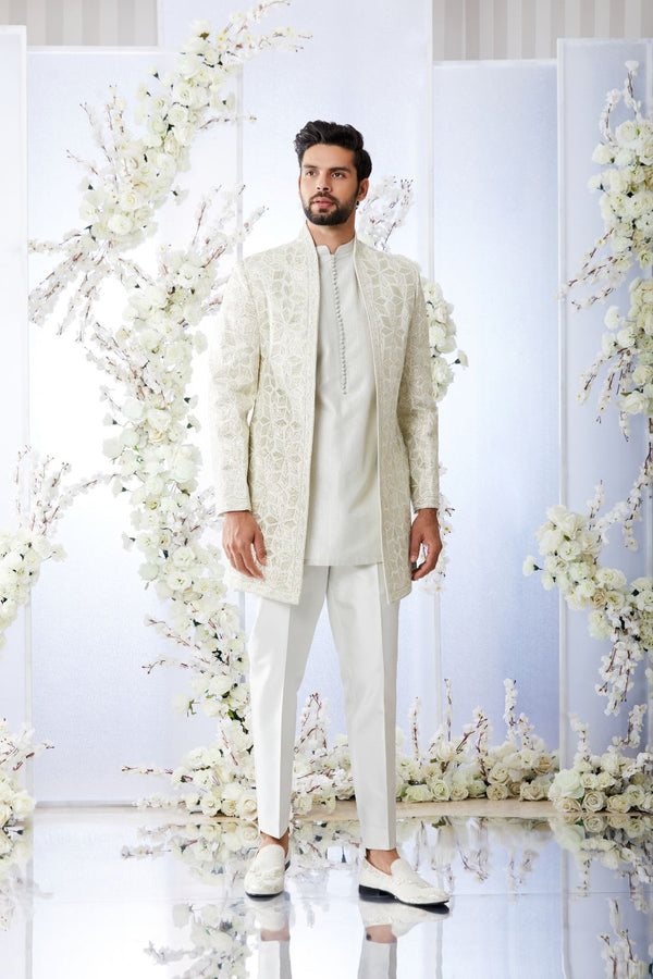 Anique Silver Open Short Sherwani Set