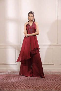 Ruby red asymmetric kurta with flared organza pants