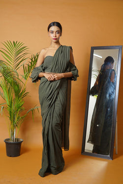 Olive Green Saree Set With Waistbelt