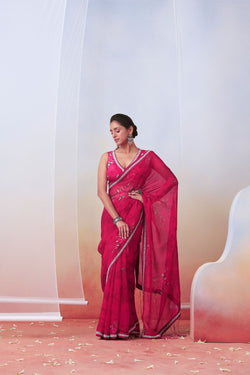 Pink printed and embroidered saree set