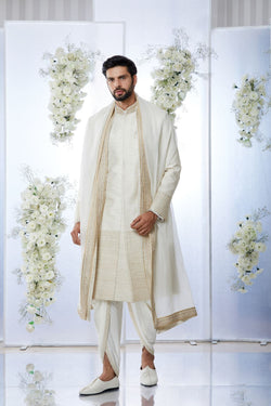 Cream Gold Sherwani Set