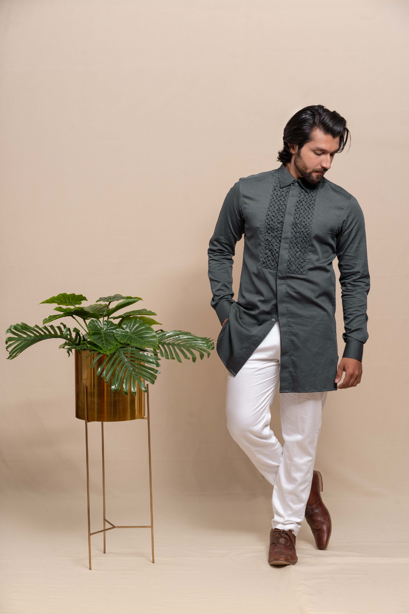 SMOKE GREY SMOCKING SHORT KURTA/TUXEDO SHIRT SET