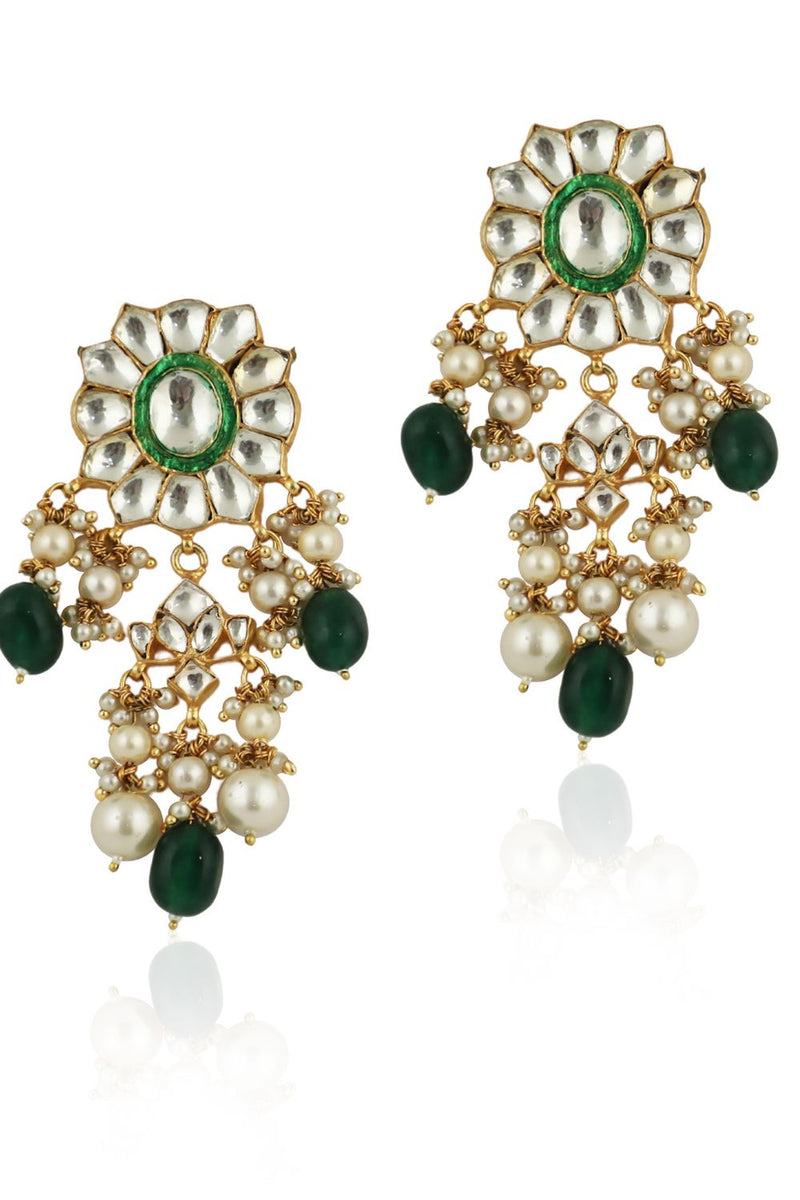 GREEN MEENAWORK EARRINGS WITH WHITE PEARL AND GREEN BEADS
