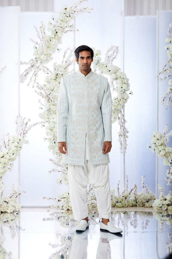 Aqua Blue Short Sherwani Set