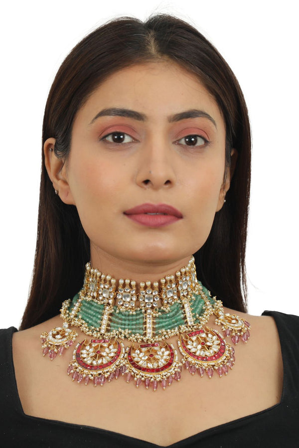 SEA GREEN MOTIWORK WITH RED BRIDAL NECKLACE SET