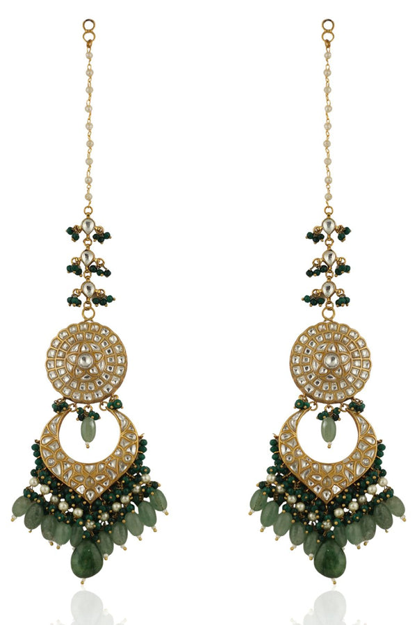 SEA GREEN BEADS AND DARK GREEN  LONG EARRINGS WITH  EARCHAIN