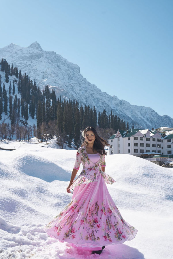 Elegant floral blush pink peplum jaket georgette gown with intricate hand embroidery