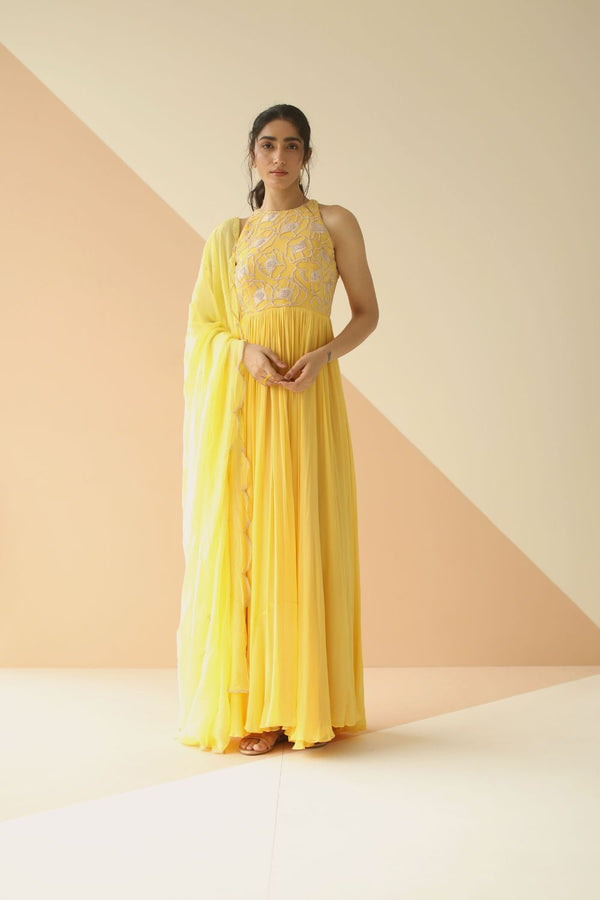 YELLOW ABSTRACT ANARKALI WITH SCALLOP DUPATTA