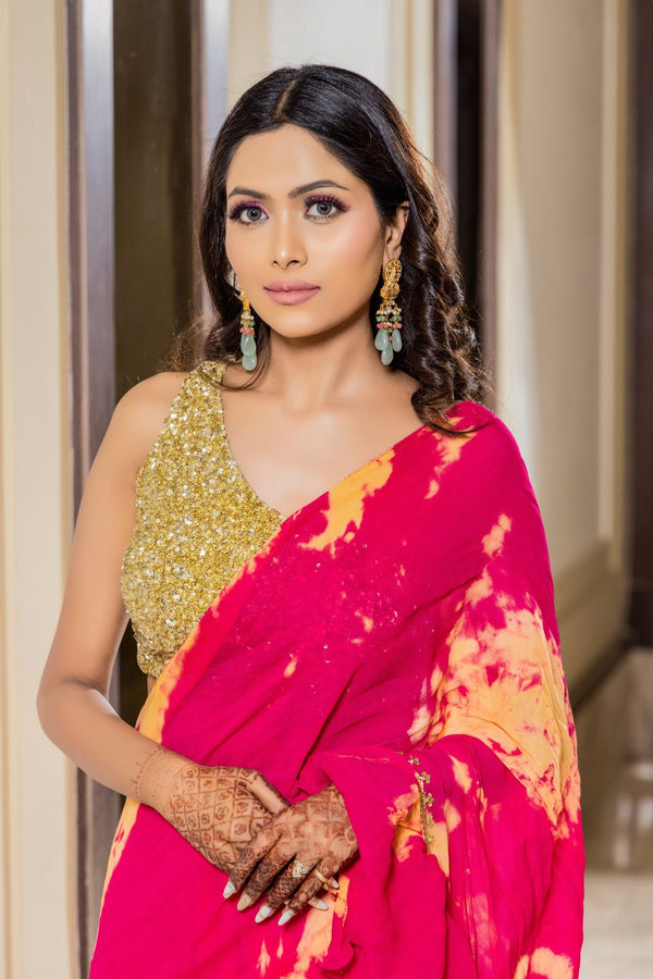 Zareen - Rani Pink Tie And Dye Drape Saree With Gold Sequin Blouse