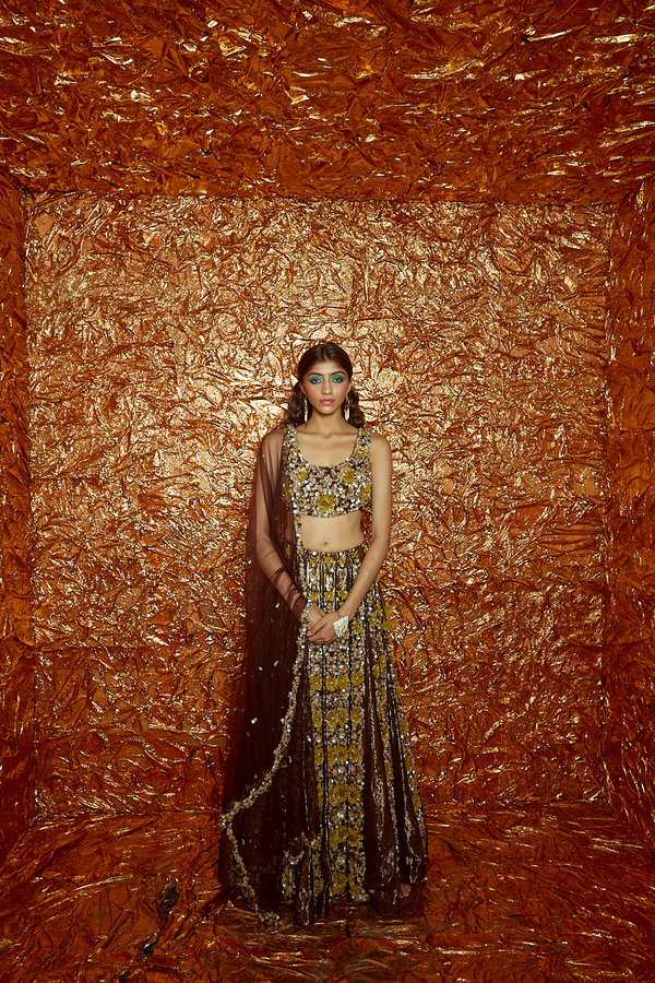 Sunflower Hand-Embroidered Blouse with Lurex Lehenga and Dupatta