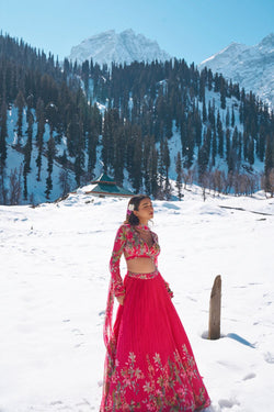 fuschia pink floral hand embroidered wrap blouse with pleated lehanga made in  georgette fabric