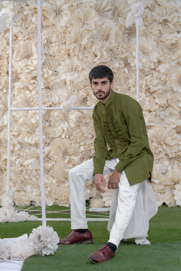 OLIVE SMOCKING SHORT KURTA/TUXEDO SHIRT