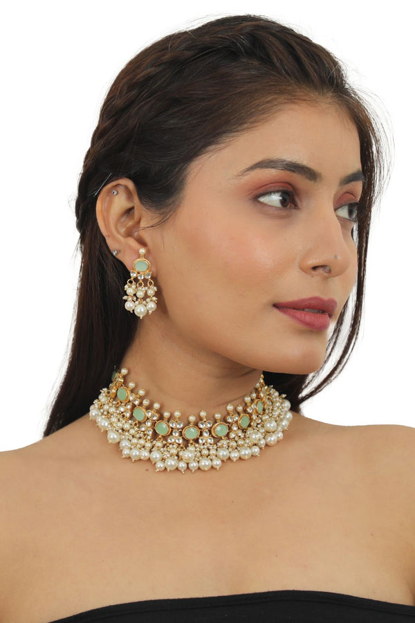 LIGHT GREEN CHOKER SET WITH WHITE PEARL