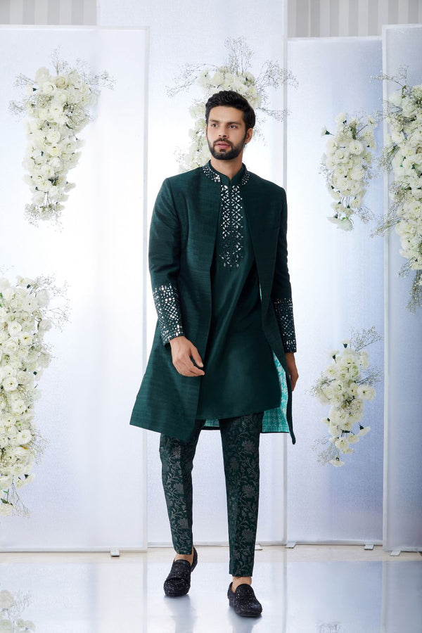 Emerald Green Mirror Open Sherwani Set