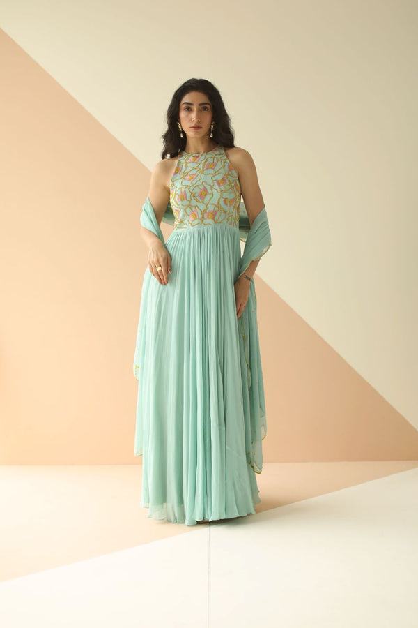MINT BLUE ABSTRACT ANARKALI WITH SCALLOP DUPATTA