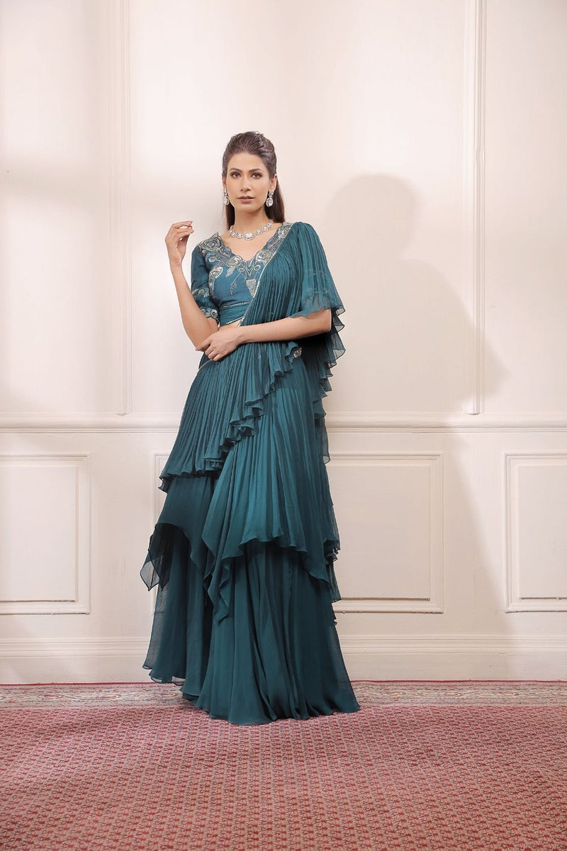 Jade green draped lehenga saree with detachable drape