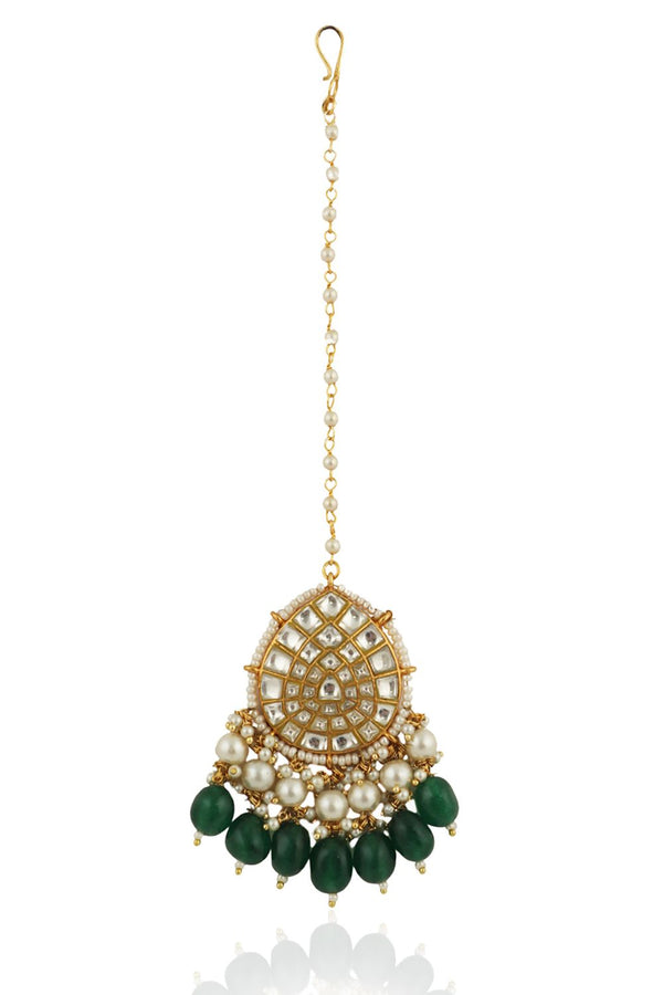 JADTAR TIKKA WITH DARK GREEN BEADS AND PEARLS