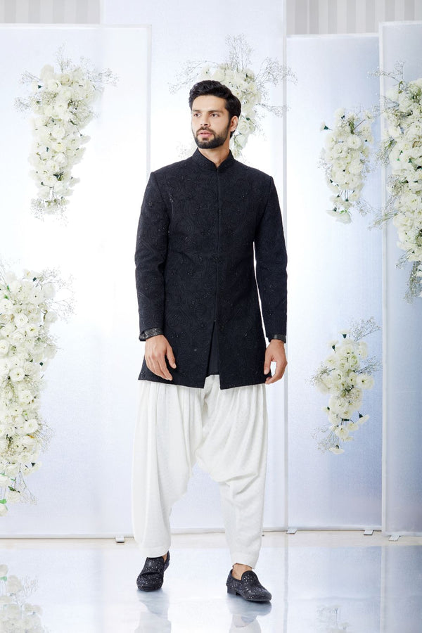 Black on Black Short Sherwani Set