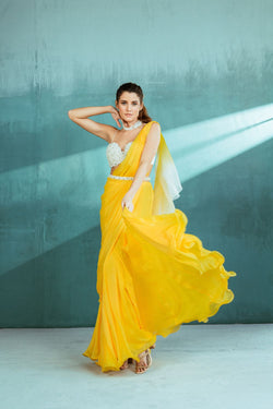 Yellow Chiffon Draped Saree Set