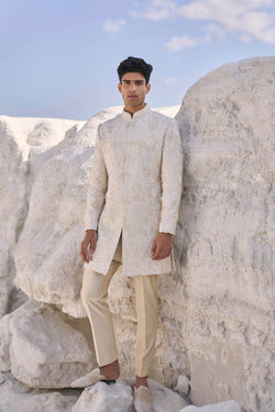 Off-White Three Dimensional Floral Sherwani Set