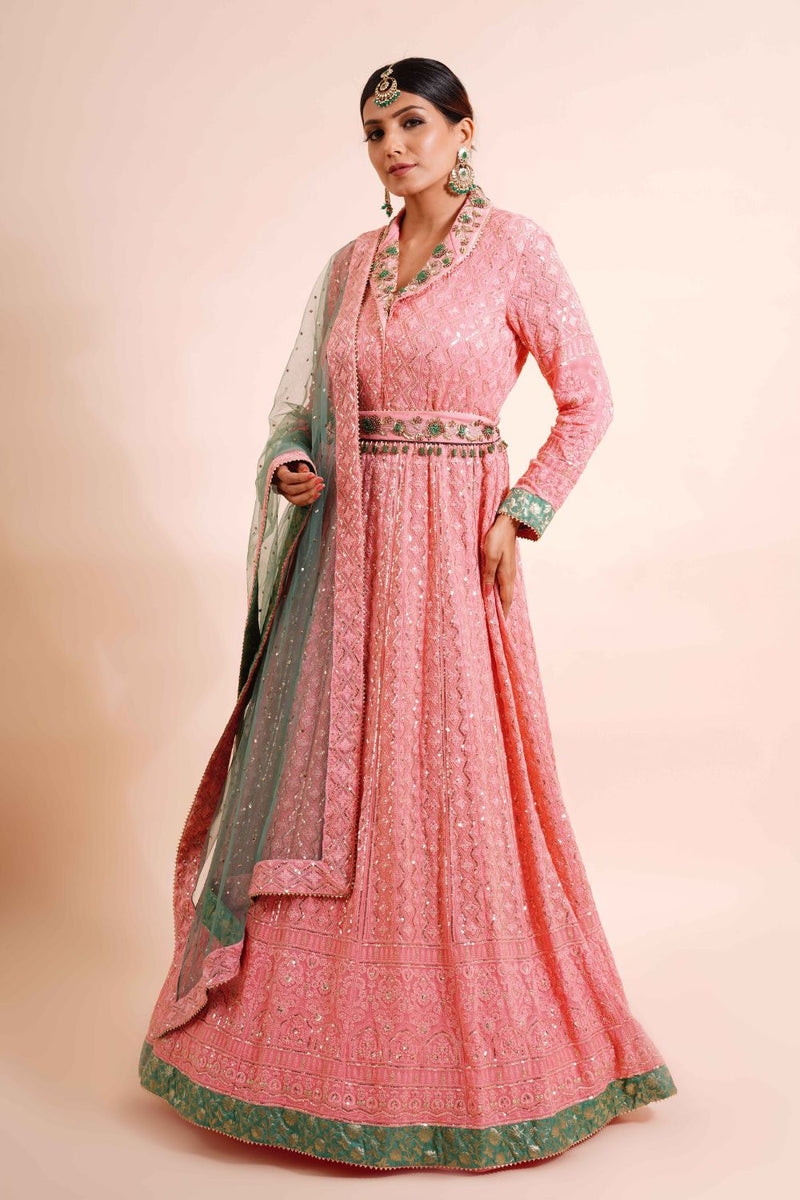3 Piece Hand Embroidered Anarkali With Dupatta And Belt