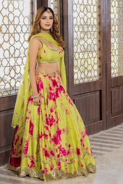 Rani - Green Tie And Dye Hand Embroidered Lehenga Set