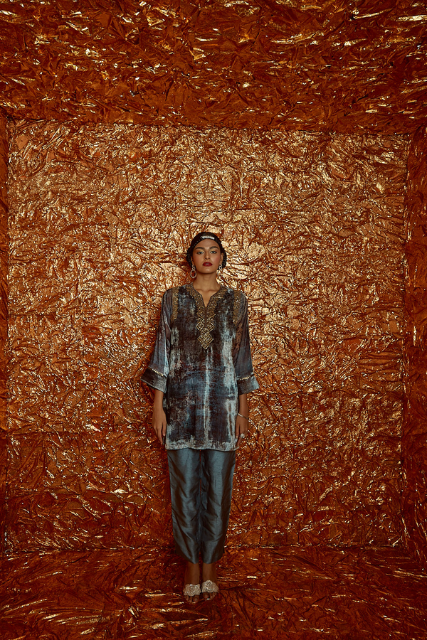 Velvet Printed Hand-Embroidered Kurta with Pants