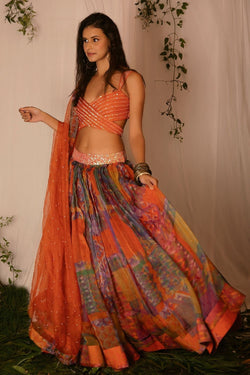 Hand-embroidered Blouse with Hand-embroidered Lehenga and Dupatta