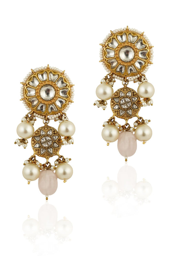 WHITE STONE EARRINGS WITH LIGHT PINK BEADS AND PEARL