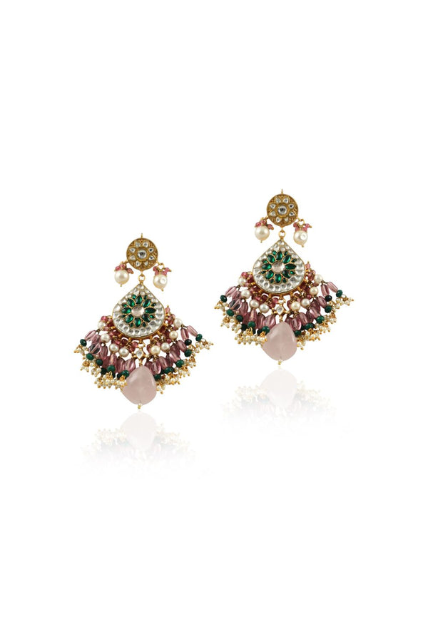 WHITE AND GREEN  STONE EARRINGS WITH  PINK BEADS